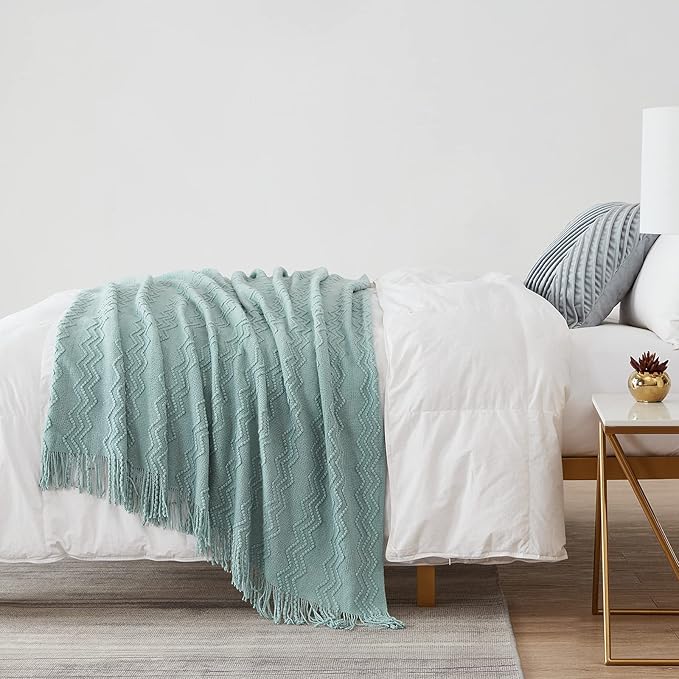 BOURINA Aqua Throw Blanket 50 x90 Inches Throw Textured Solid Soft Sofa Throw Bed Runner Couch Cover Knitted Decorative Blanket Bed Runner