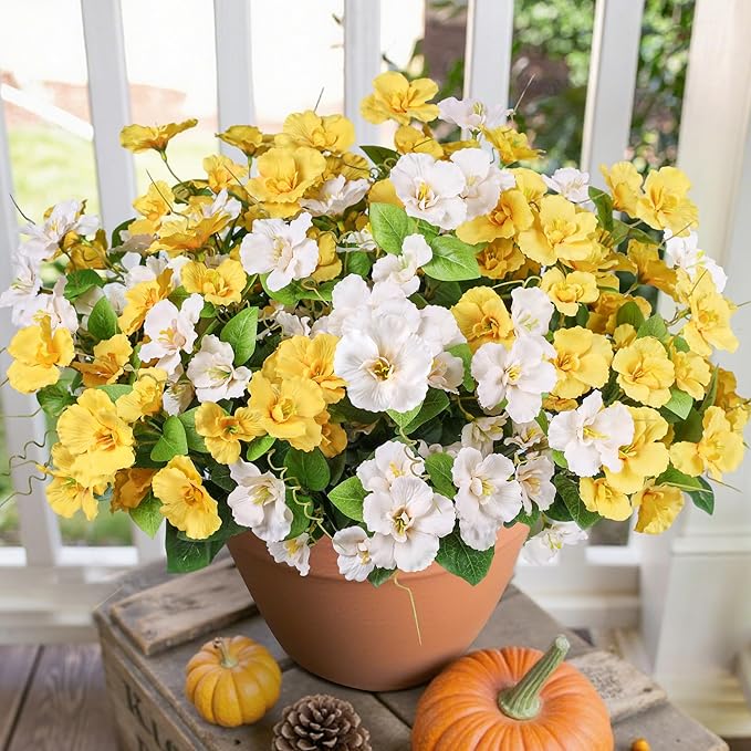INSPRING Fake Fall Flowers Artificial Mums for Outdoors Autumn Decoration, Faux Silk Flowers Plants Realistic UV Resistant Tropical Flower Artificial for Outside Planter Patio (2MixHB, 6 Bundles)