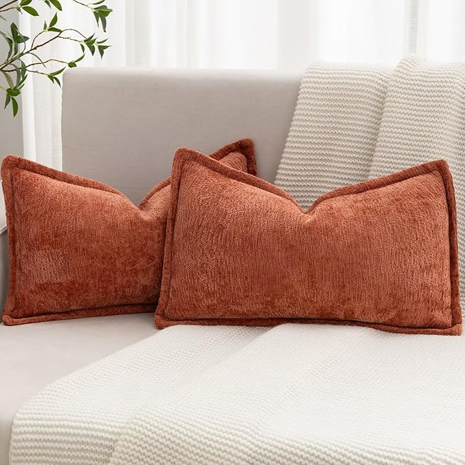 Burnt Orange Fall Decorative Throw Pillow Covers 12x20 Inch Set of 2 Cozy Soild Chenille Cushion Cases Soft Textured Lumbar Couch Pillows Cover Boho Accent Farmhouse Pillowcases for Bed