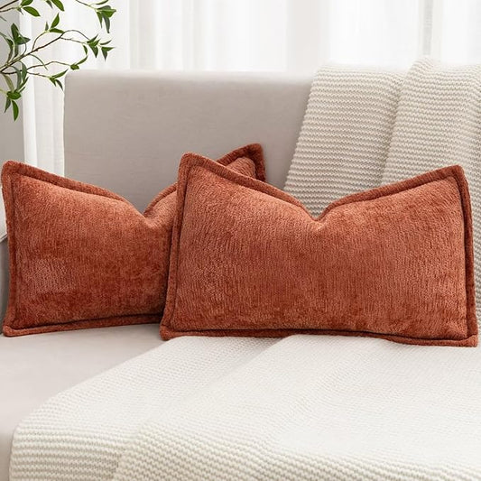 Burnt Orange Fall Decorative Throw Pillow Covers 12x20 Inch Set of 2 Cozy Soild Chenille Cushion Cases Soft Textured Lumbar Couch Pillows Cover Boho Accent Farmhouse Pillowcases for Bed
