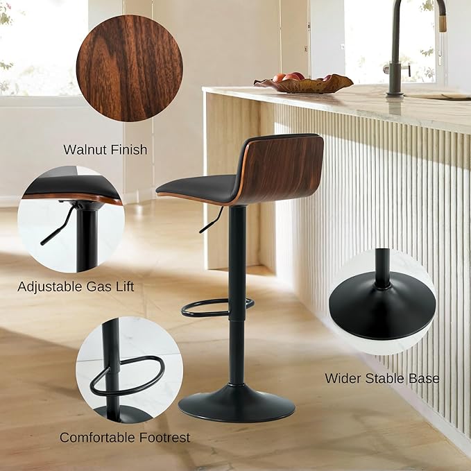Set of 4 Swivel Bar Stools Adjustable Height, Faux Leather Barstools with Wooden Back and Footrest, Counter Height Bar Height Chairs for Kitchen Island, Dining Room, Black