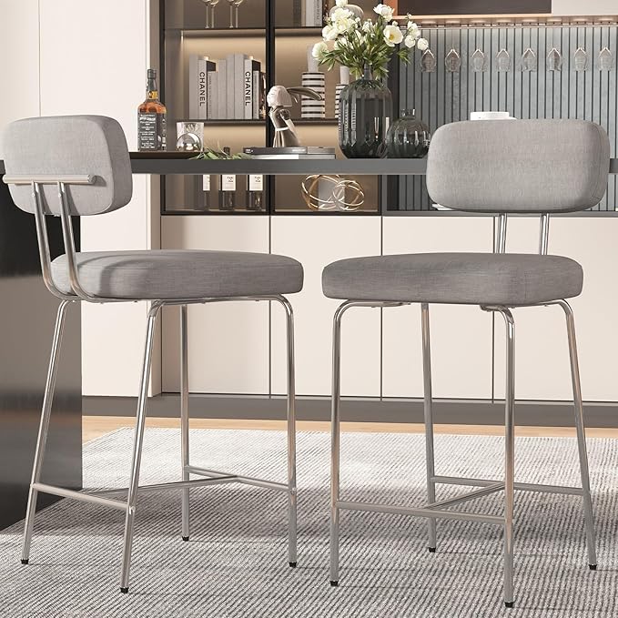 Counter Height Bar Stools Set of 2, 26" Fabric Kitchen Bar Stools with Back, Counter Barstools with Metal Legs, Bar Chairs for Kitchen Island, Gray