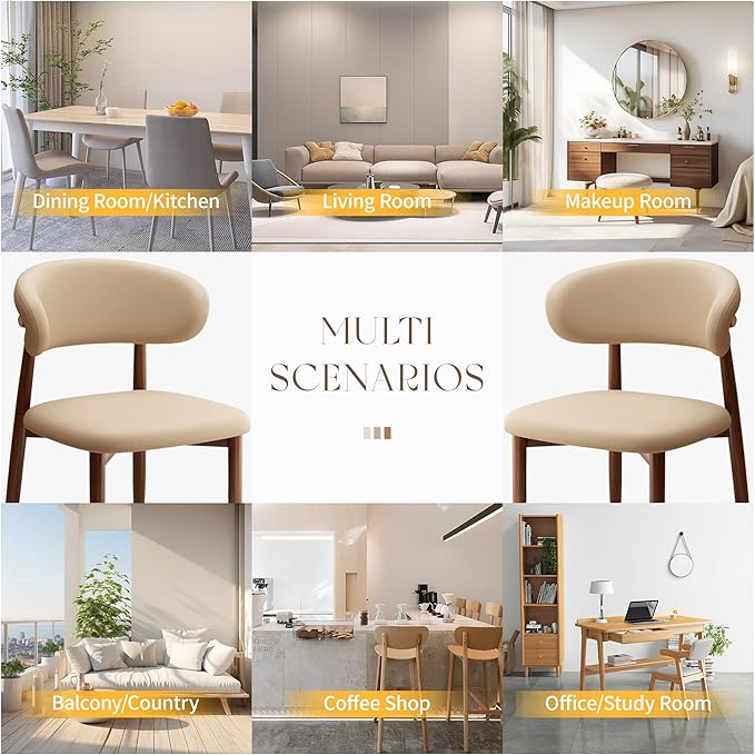 Kitchen Dining Chairs Set of 4 Modern Upholstered Leather Dining Room Chair with Metal Legs, Walnut/Khaki