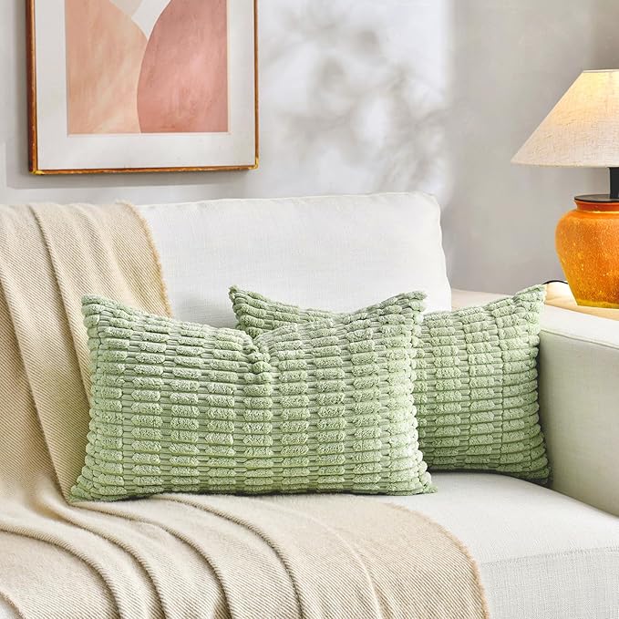 Fancy Homi Set of 4 Spring Lumbar Rectangle Decorative Throw Pillow Covers 12x20 Inch for Couch Bed Chair, Sage Green Yellow Room Decor, Soft Fuzzy Thick Corduroy Cute Textured Cushion Case 30x50cm