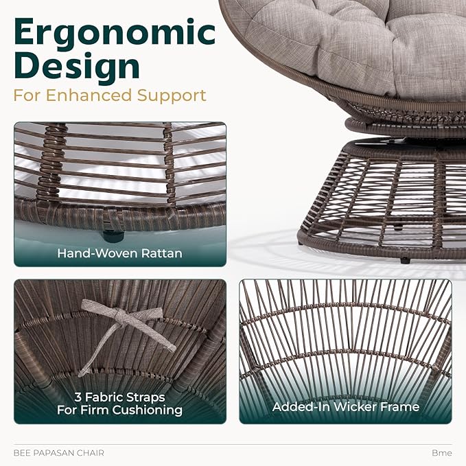 Bme 40" Ergonomic Wicker Papasan Chair with Soft Thick Density Fabric Cushion, Bee-Designed Base, High Capacity Steel Frame, 360 Degree Swivel for Living, Bedroom, Reading Room,...