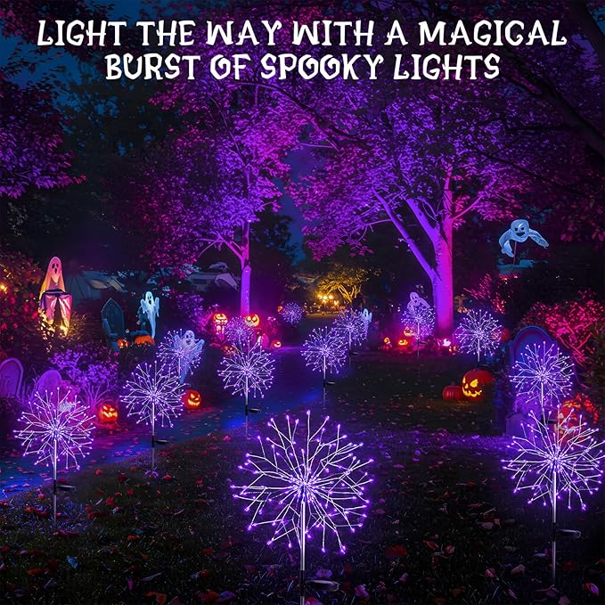 suddus 2 Pack Purple Halloween Lights Outdoor, 150LED Purple Solar Garden Lights with 8 Modes, Waterproof Solar Firework Light for Halloween Yard Garden Decorations