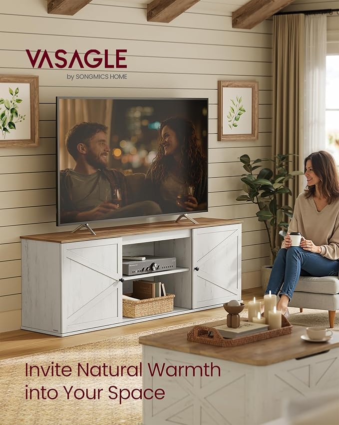 VASAGLE Farmhouse TV Stand for TVs up to 80 Inches, Entertainment Center with Storage Cabinets and Sliding Barn Doors, Media Console Table for Living Room, Rustic White and Honey Brown ULTV537W01