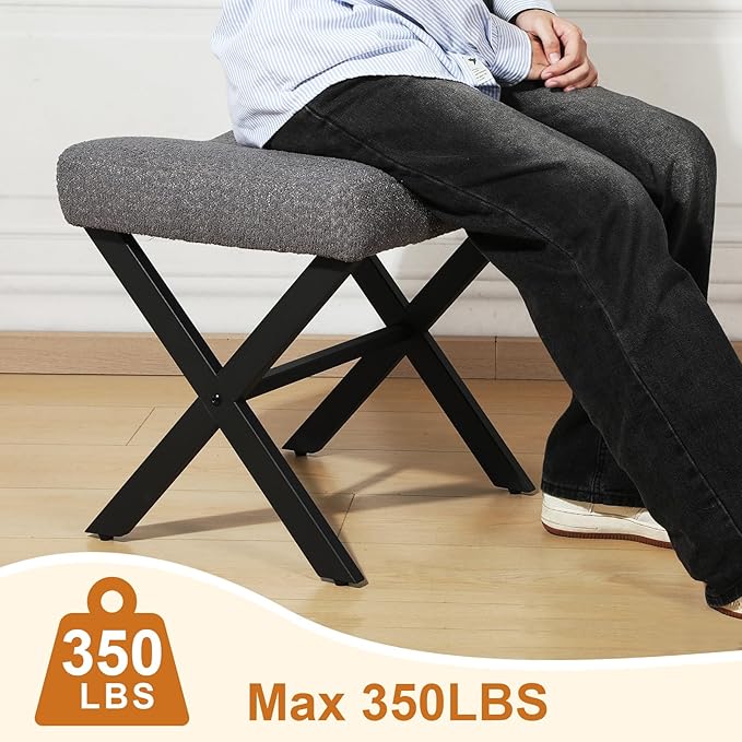 18-Inch Large Vanity Stool Chair, Vanity Bench with Metal X-Legs, Ottoman Accent Stool with Breathable and Soft Boucle Fabric Saddle Seat, Grey