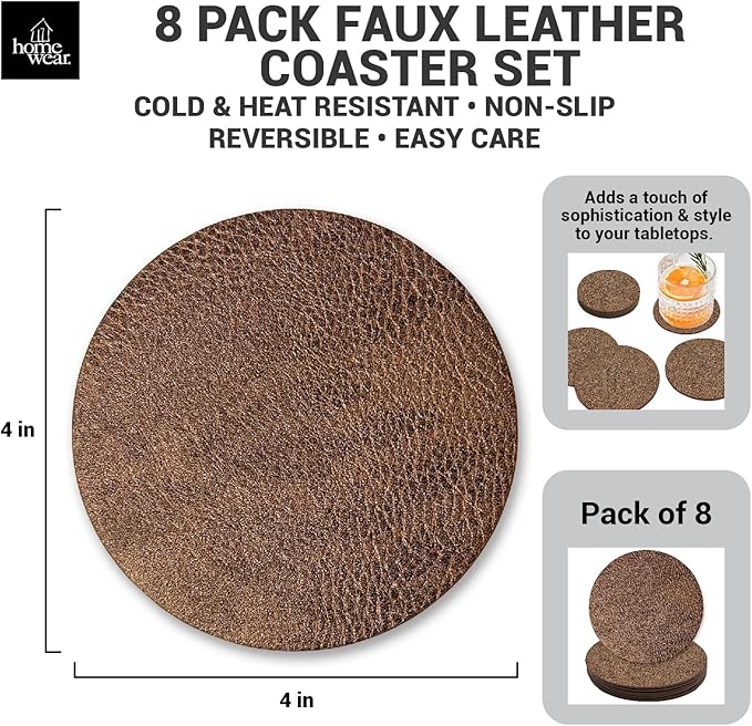 Set of 8 Morgan Faux Leather 4 Inch Round Coasters, Heat & Water Absorbent, Natural Style, Drinks Tabletop Home Dinning, Bronze