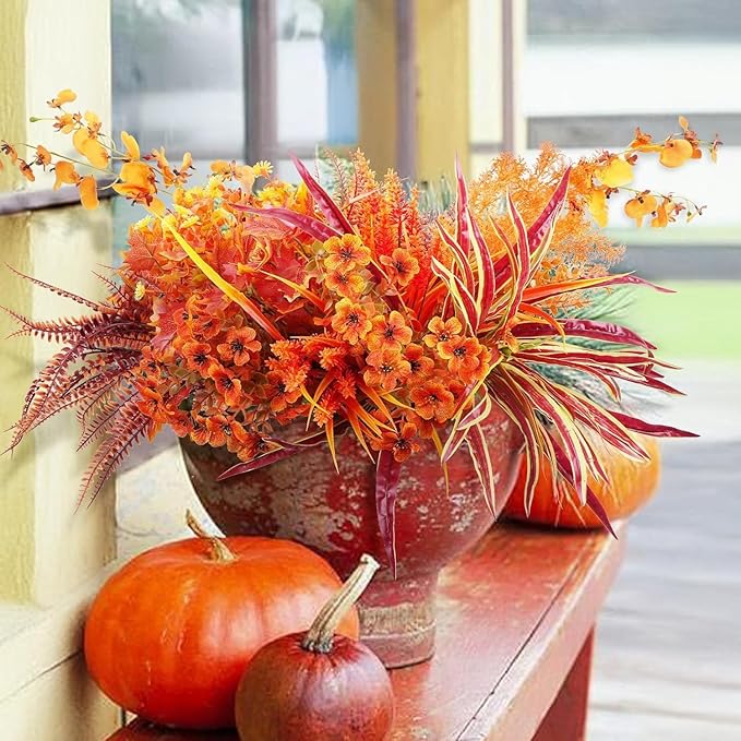 GTIDEA 19 Bundles Outdoors Artificial Fall Flowers Fake Fall Plants for Outdoor Fall Decor UV Resistant Faux Mum Plants Plastic Flowers Bushes for Outside Planter Porch Window Box Patio Home Decor