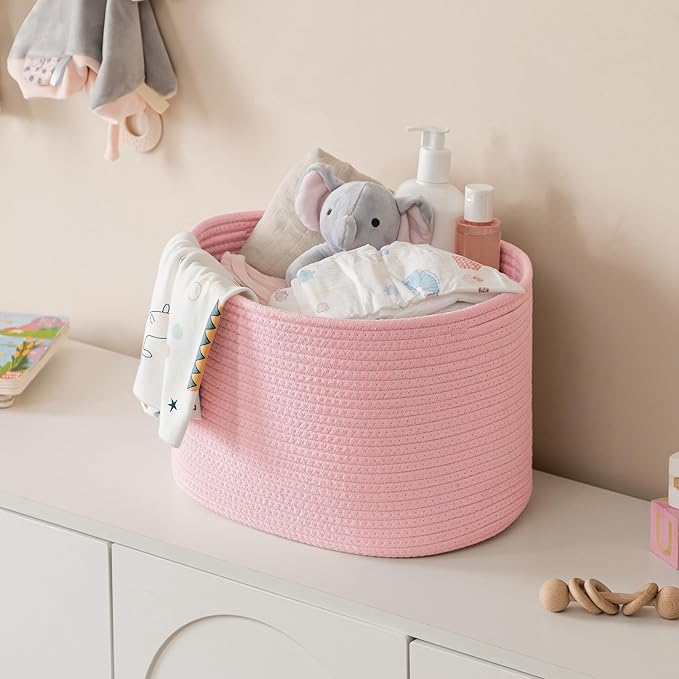 UBBCARE 3-Pack Woven Rope Shelf Baskets - 15x10x9in Decorative Storage Basket for Toys, Kids Playroom, Closet Organization & Cube Storage Organizer | Gift Basket Empty, Pink