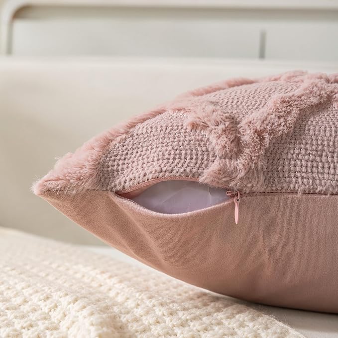 Set of 2 Soft Moroccan Throw Pillow Covers 16x16 Inch Plush Boho Decorative Pillow Cover Accent Cushion Case for Couch Sofa Bed, Pink