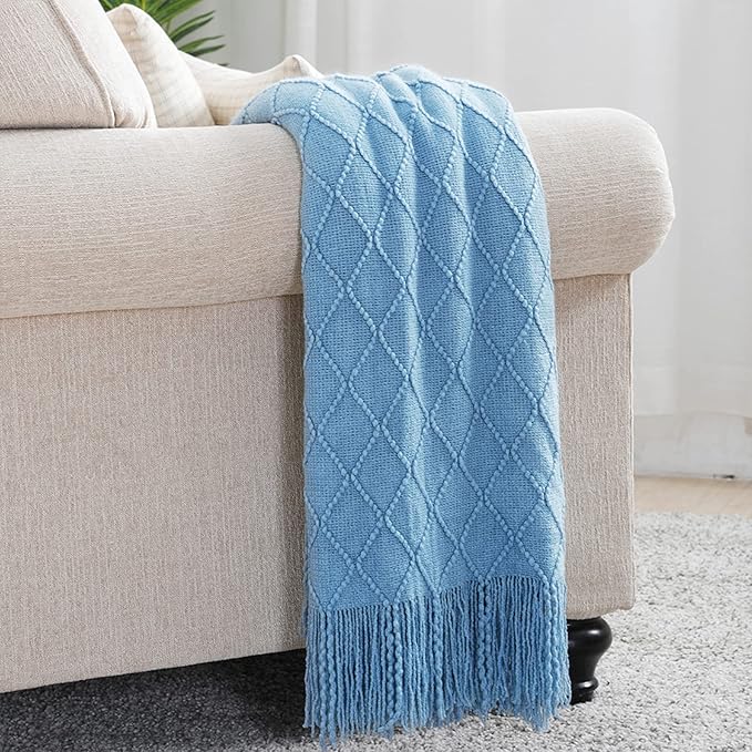 BOURINA Blue Throw Blanket 50x60 Inches Throw Textured Solid Soft Sofa Couch Decorative Knit Blanket