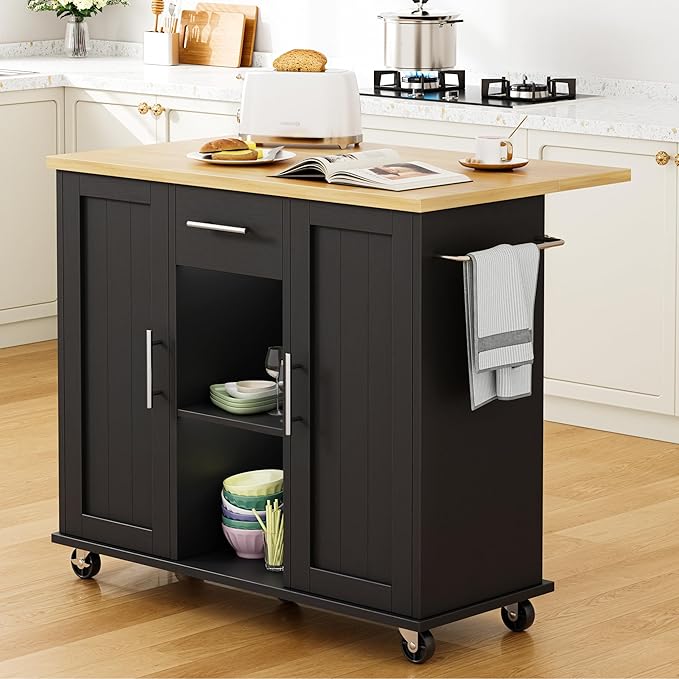Shintenchi Kitchen Island with Storage, Bar Cart Cabinet Island Table on Wheels, Rolling Microwave Cart for Kitchen with Drop Leaf, Drawers, Towel Rack, Seating Area for Dining Room, Black