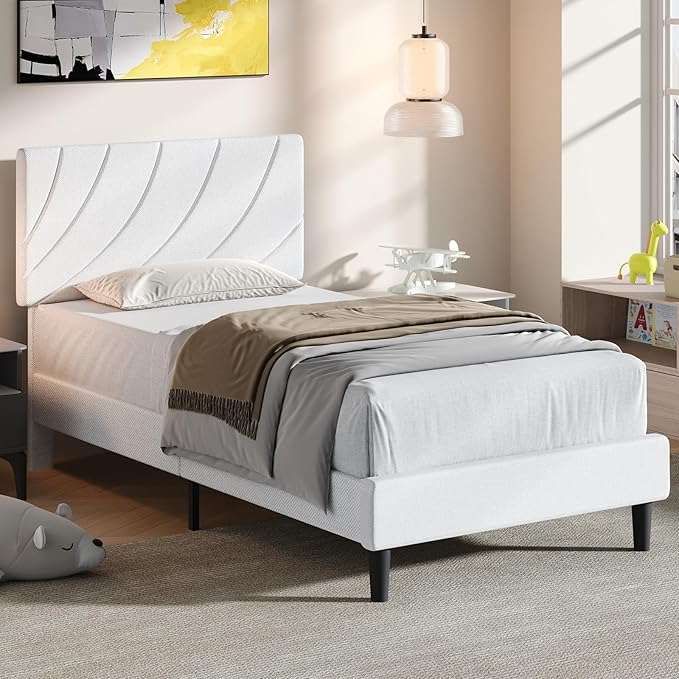 HOMBCK Twin Size Bed Frame, Bed Frame Twin with Linen Fabric Upholstered Headboard and Wooden Slats Support,Adjustable Headboard, No Box Spring Needed, Noise-Free, Easy Assembly, White