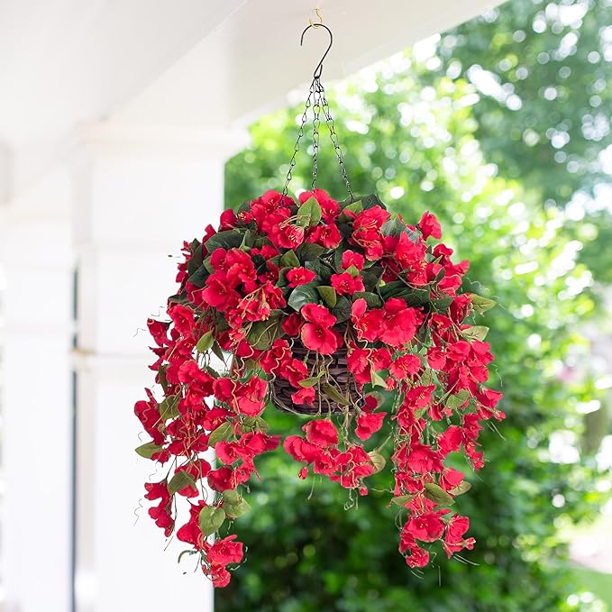 Artificial Fake Hanging Hibiscus Flowers Plants Baskets for Outdoor Decor, Faux Silk Hibiscus Long Vines in Planter UV Resistant Realistic Flowers for Outside Porch Patio Home Decoration, Red