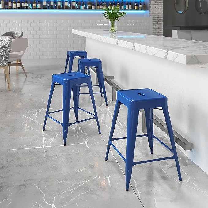 Sweetcrispy 24 Inches Metal Bar Stools Set of 8, Backless Counter Height Bar Stools for Kitchen, Outdoor Stackable Stools – No Assembly Required & Scratch-Resistant, Blue