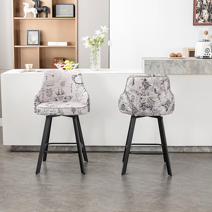 Bar Stools Set of 4, 26" Swivel Counter Height Bar Stools with High Back, Linen Kitchen Barstools Counter Height for Kitchen Island (Beige (Nautical Print), 4PCS 26" Counter Stools)