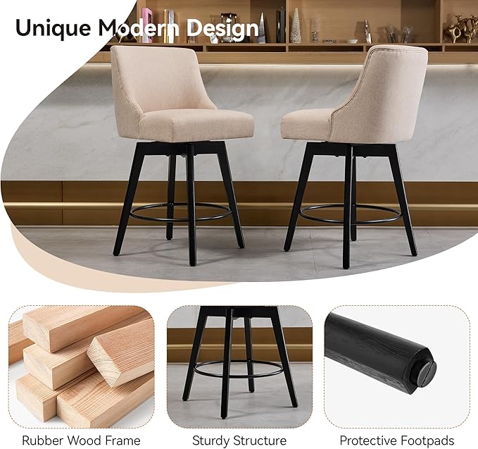Vipbear Counter Height Bar Stools Set of 2, 26" H Swivel Bar Stools with Backs, Linen Fabric Upholstered Bar Chairs with Solid Wood Legs for Kitchen Island, Dining Room, Home Bar, Beige