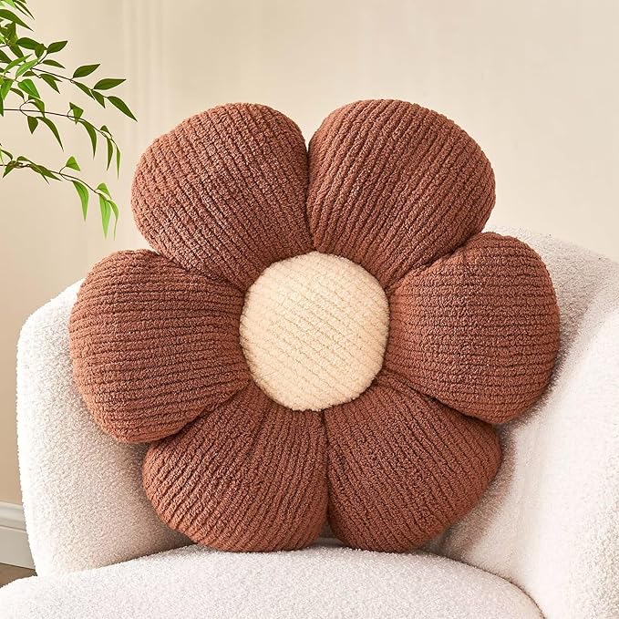 Flower Throw Pillow, Soft Brown 17.7" Shaped Floor Pillow for Home Decor, Cute Aesthetic Plush Decorative Pillows for Bed, Sofa, Couch