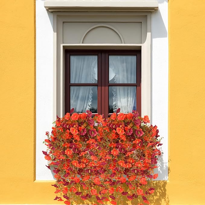 Artificial Fall Flowers for Outdoors, 4 pcs Fall Faux Mums for Outdoor Planters, Fake Mums for Yard Patio Lawn Garden, Artificial Flowers Fall Porch Decor, Morning Glory Silk Flowers