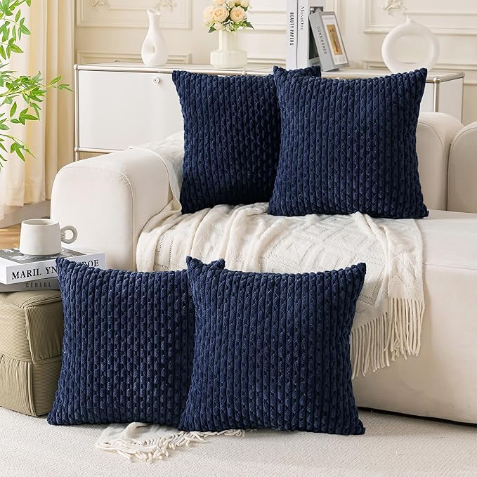 Set of 4 Navy Blue Decorative Throw Pillow Covers 20x20 Inch Corduroy Pillow Covers for Bed Couch Sofa Living Room Soft Square Cushion Cases