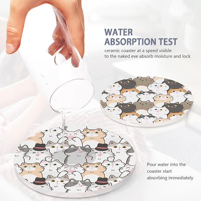 Drink Coasters Set of 6 with Holder, Cute Cats Absorbent Ceramic Coasters with Cork Base,Fit All Cups,Great Gift for Housewarming,Room Decor,Bar,Holiday Party