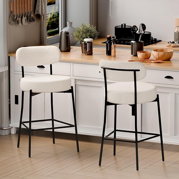 DYHOME Bar Stools Set of 2, White 28 Inches Boucle Counter Height Bar, Modern Bar stools Chairs Upholstered Barstools with Back & Footrest Metal Legs, Stools for Kitchen Island, Counter, Cafes