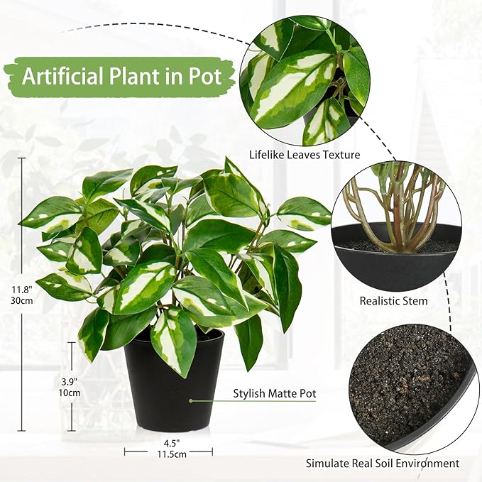 Artificial Plants Indoor Small Fake Plants in Pots Faux Pothos N‘ Joy Potted Plant Fake Indoor Plants with Black Pots for Bathroom Living Room Office Desk Shelves