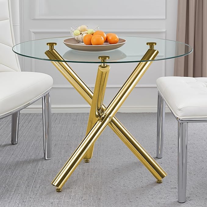 Kitchen Table Classic Dining Table for 4 Round Glass Dining Table 42" Kitchen & Dining Room Tables with Metal Legs and Glass Tabletop for Dining Room and Apartment, Gold