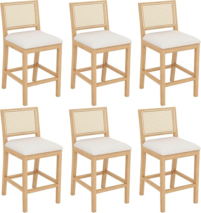Westice Rattan Bar Stools Set of 6, 26" Farmhouse Counter Height Stools with Natural Rattan Back and Wood Frame, Upholstered Line Fabric Seat Cushion, Wooden Stools for Kitchen Island/Pub, Natural