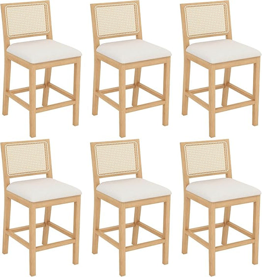 Westice Rattan Bar Stools Set of 6, 26" Farmhouse Counter Height Stools with Natural Rattan Back and Wood Frame, Upholstered Line Fabric Seat Cushion, Wooden Stools for Kitchen Island/Pub, Natural