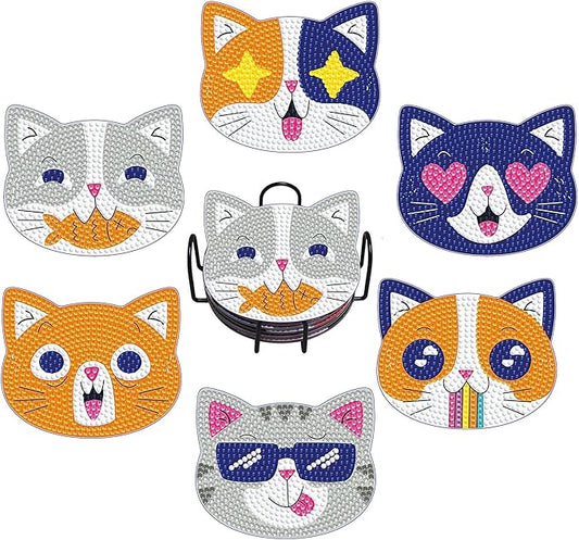6PCS Cat Diamond Art Coasters Kits, Diamond Painting Coasters with Holder Set of 6, DIY Drink Coasters Art Crafts Supplies for Adults Cup Mat for Home Decor House Warming Gifts Non-Slip 3.9inch