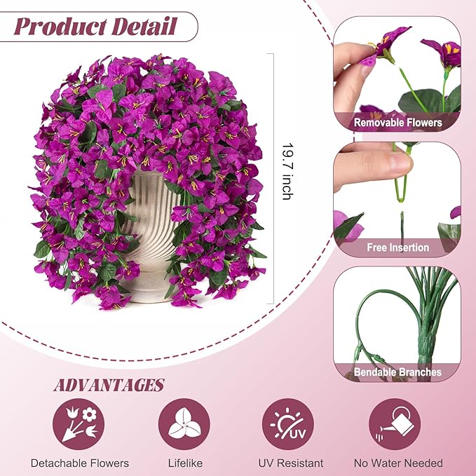 2 pcs Artificial Faux Bougainvillea Flowers Plants for Outdoor Outside Summer Decoration, Fake Silk UV Resistant Long Trailing Vines for Front Door Porch Planter Balcony (Purple Deep Lotus)