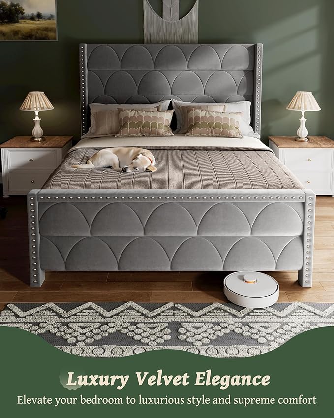 Queen Size Bed Frame with 56" Headboard - 900LBS Capacity Support, Velvet Upholstered Wingback Platform Bed Frame, Noise Free, Sturdy Wooden Slat Support
