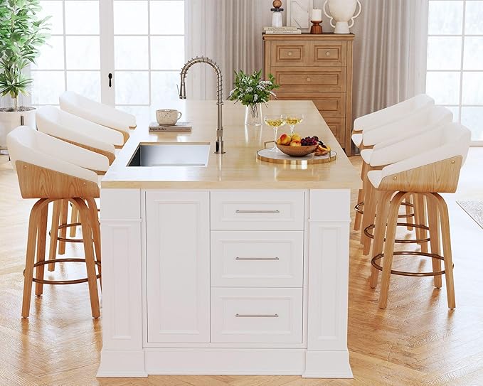 HNY 26 Inch Swivel Bar Stools with Back Set of 6, Beige Linen Upholstered Counter Height Barstools with Solid Bentwood Frame, Round Footrest, Modern Barrel Counter Stools for Kitchen Island, Home Bar