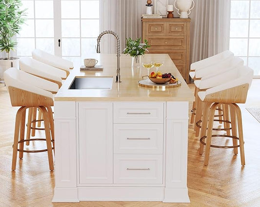 HNY 26 Inch Swivel Bar Stools with Back Set of 6, Beige Linen Upholstered Counter Height Barstools with Solid Bentwood Frame, Round Footrest, Modern Barrel Counter Stools for Kitchen Island, Home Bar