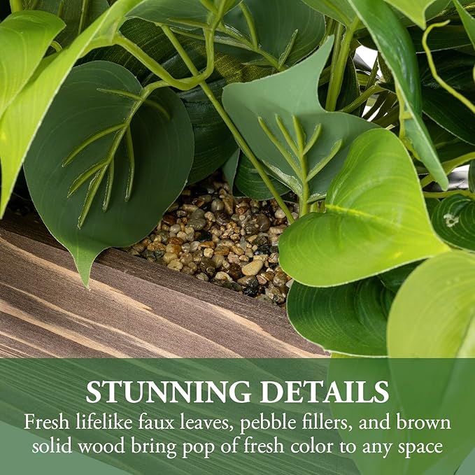MyGift Vibrant Lifelike Artificial Plant Pothos Leafy Vine Greenery in Burnt Brown Solid Wood Rectangular Planter Box with Black Metal Wire Wall Mounted Shelf