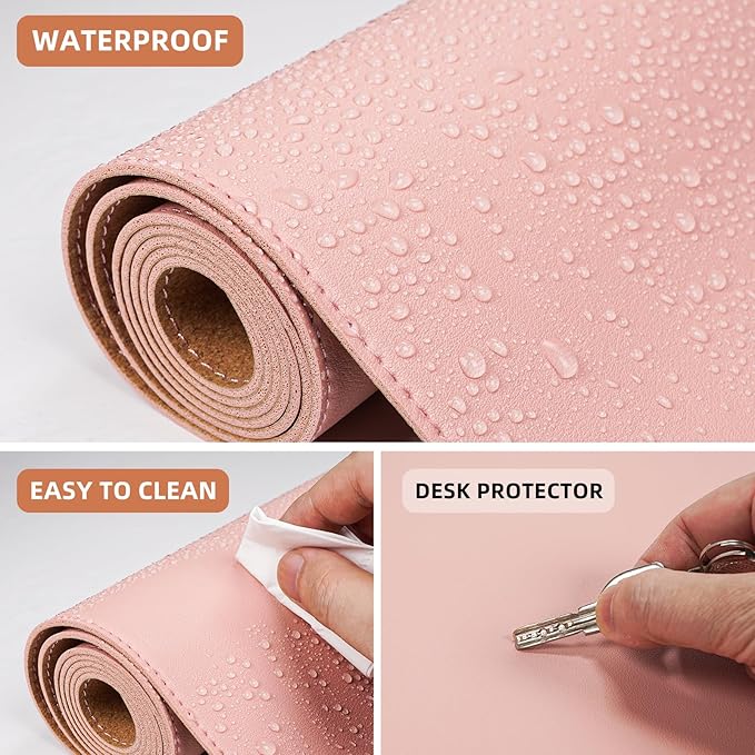 AFIING Dual-Sided Desk Pad, Natural Cork & PU Leather Large Mouse mats for Office and Home Work, Desk Protector Non-Slip, Waterproof, Easy Clean (Pink, 23.6" x 13.7")