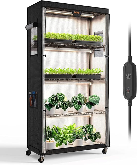 Bstrip Indoor Greenhouse with Grow Light, Plant Stand with 4 Pack 24W Full Spectrum Plant Lights , Plant Shelf with Tent for Indoor Plant, Seed Starting, Seed Tray, 29.5"x13.8"x59"