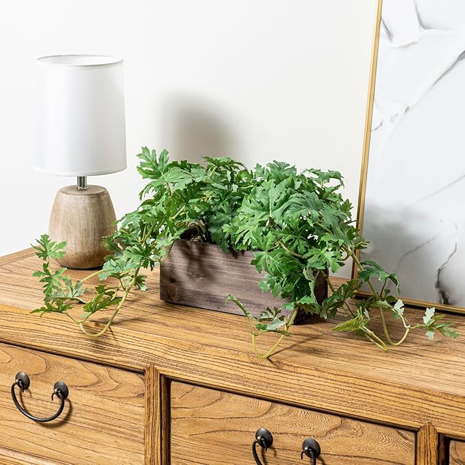 MyGift Vibrant Lifelike Artificial Plant Pelargonium Graveolens Leafy Vine Greenery in Burnt Brown Solid Wood Rectangular Planter Box