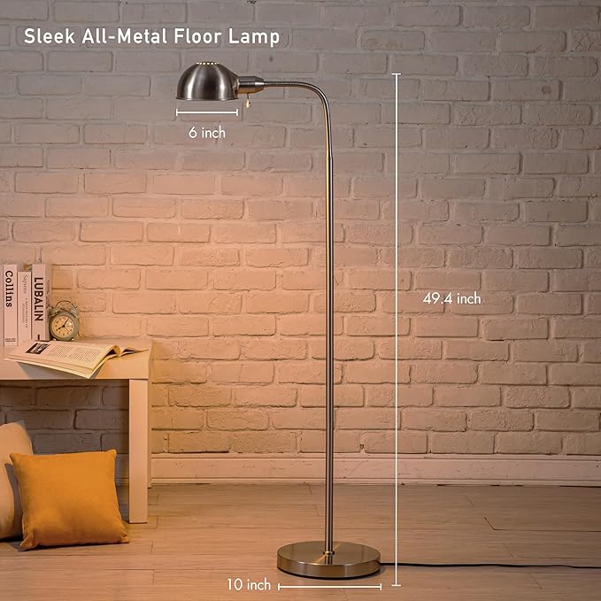 O'Bright Nova - Adjustable Floor Lamp with Flexible Gooseneck and Rotatable Shade, E26 Socket, 10-Inch Base - Ideal for Reading, Bedside, Living Room, Brushed Nickel