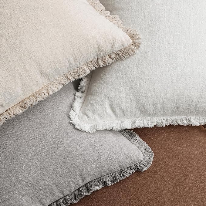MIULEE Decorative Couch Pillow Covers Neutral Linen Fringe Throw Pillows Set of 4 Mid Modern Cushions Boho Farmhouse Pillowcases for Bed Sofa Living Room Home Decor 18x18 Inch Beige/Brown/Grey