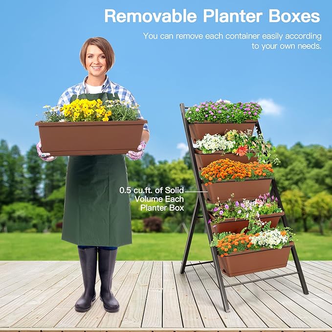 Safstar 5-Tier Vertical Raised Garden Bed, Freestanding Garden Planter with 5 Container Boxes, Elevated Planter for Vegetables, Fruits, Flowers, Herbs, Good for Indoor & Outdoor Use (Brown, 1)