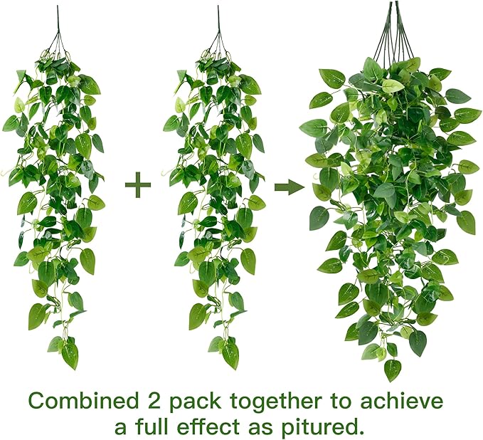 Sggvecsy Fake Hanging Plants 2 Pcs Artificial Hanging Plants Fake Ivy Vine Faux Pothos Vines Artificial Ivy Leaves Greenery Plant for Room Patio Home Indoor Outdoor Shelf Wall Garden Decor(No Baskets)
