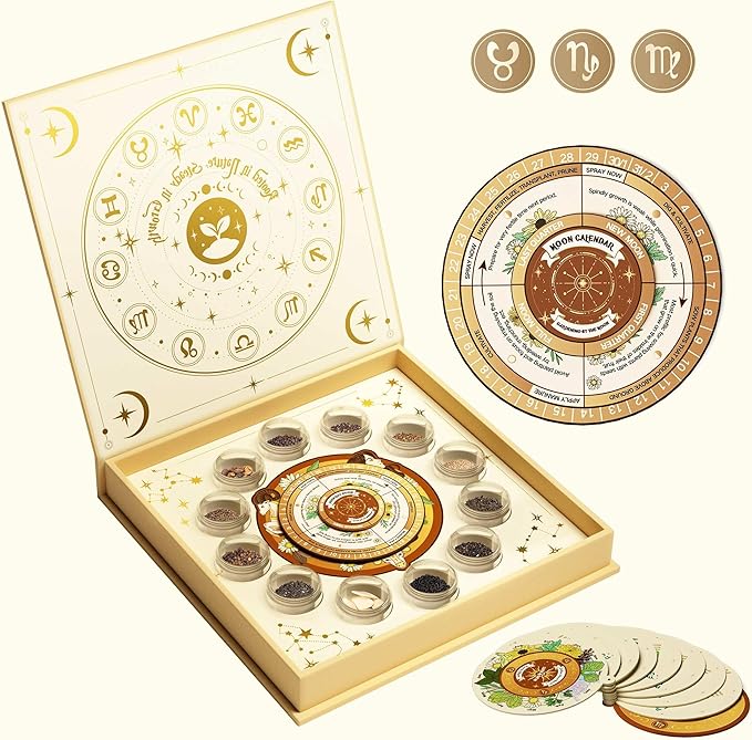 LUSH&DEW Zodiac Garden Seed Bank, 12 Varieties Non-GMO USA-Sourced Heirloom Herb Flower Seeds with Moon Calendar, Gardening Gift for Women Men, Witchcraft Supplies, Earth Sign (Taurus Virgo Capricorn)