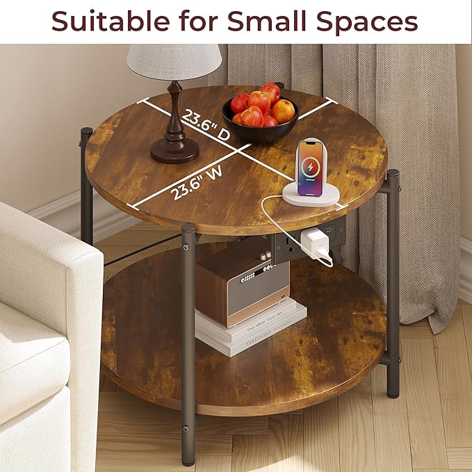 LIKIMIO Round Side Table Set of 2, 23.6" W End Table with Charging Station, Modern Wooden Nightstand for Small Spaces, Living Room, Bedroom, Rustic Brown