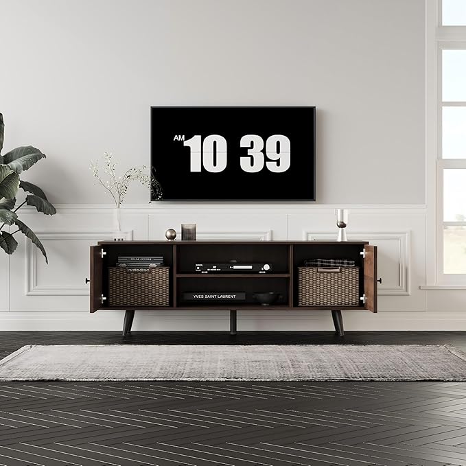 Modern TV Stand with Storage Cabinet, Wood Fashionable TV Cabinet with Waveform Panel and Adjustable Shelf, Entertainment Center TV Stand for TV, Living Room (Dark Walnut