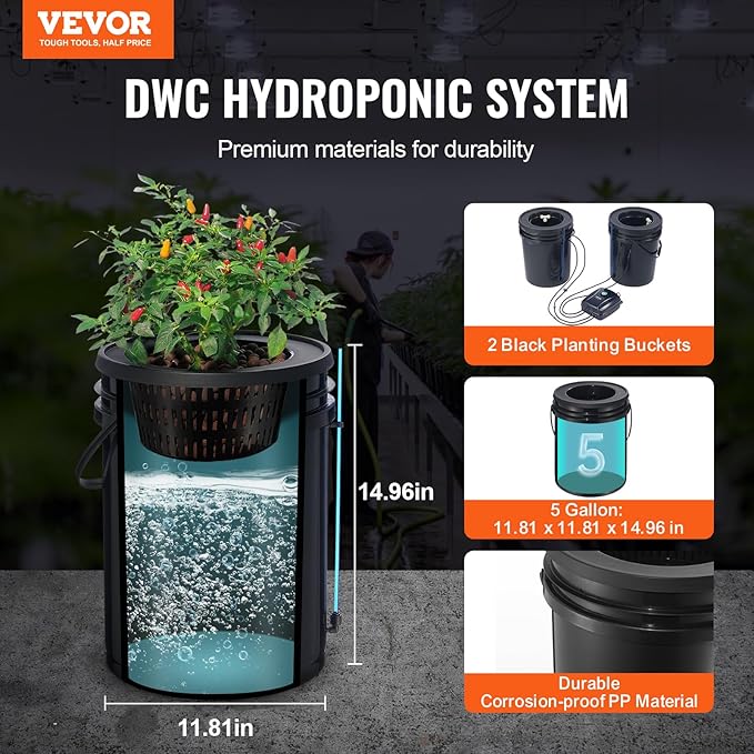 VEVOR DWC Hydroponics Grow System, Hydroponic Growing System with Top Drip Kit, Deep Water Culture 5-Gallon 2 Buckets, with Air Pump, Air Stones and Water Level Device for Leafy Vegetables