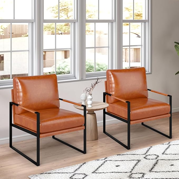 Phoenix Home Mid Century Modern Faux Leather Accent Chair Set of 2, Metal Framed Armchair with Extra Soft Removable Seat Cushion & Backrest for Living Room Bedroom Waiting Room, Easy to Clean, Brown